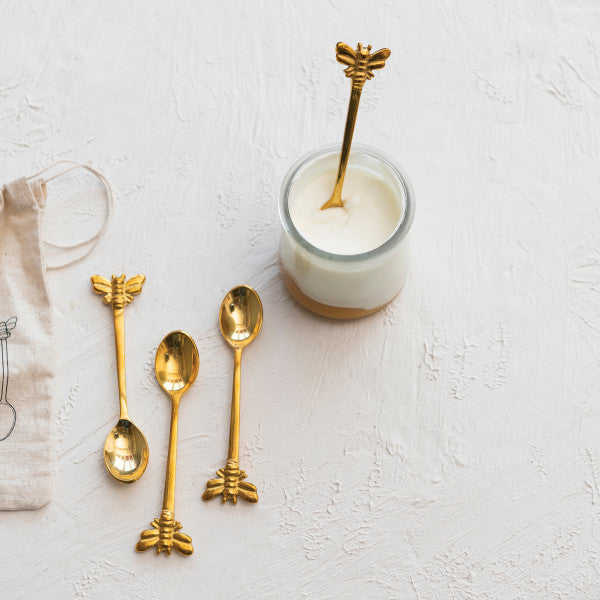 Farmhouse Brass Spoons with Bee Handles in Drawstring Bag